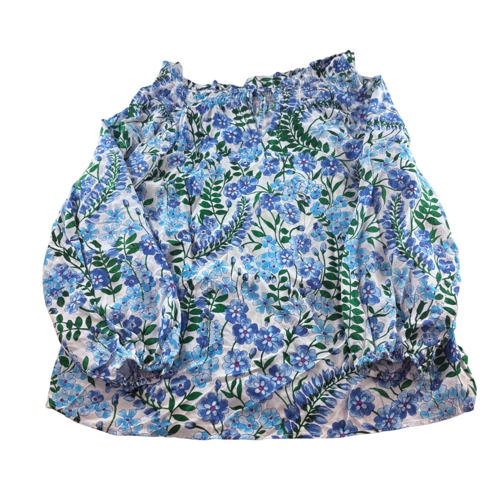 J.Crew Blue Floral Smocked Ruffle Neck Viscose Blouse Long Sleeve Top VN5457